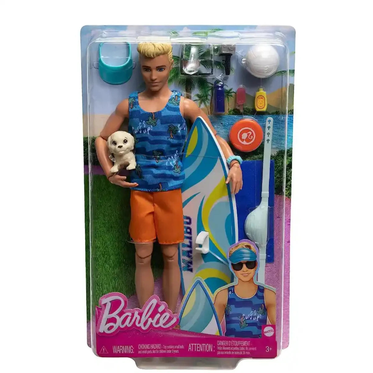 Barbie Ken Doll with Surfboard and Pet Puppy