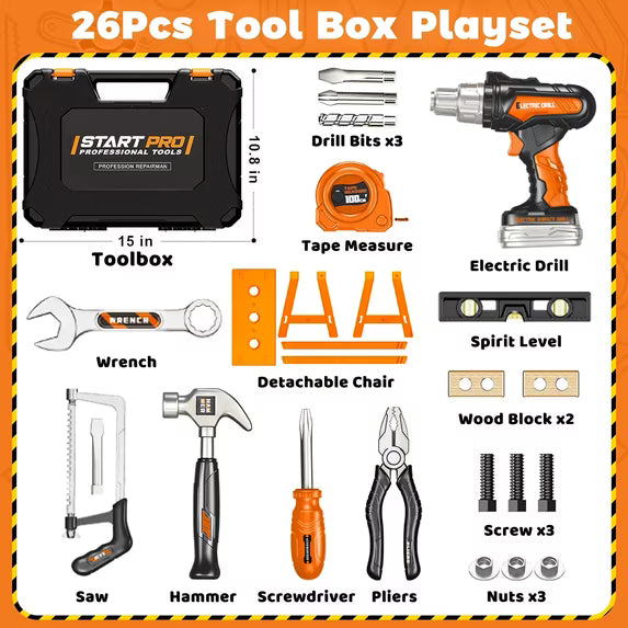 26-Piece Kids Tool Set with Toolbox & Toy Drill – Pretend Play Construction Set