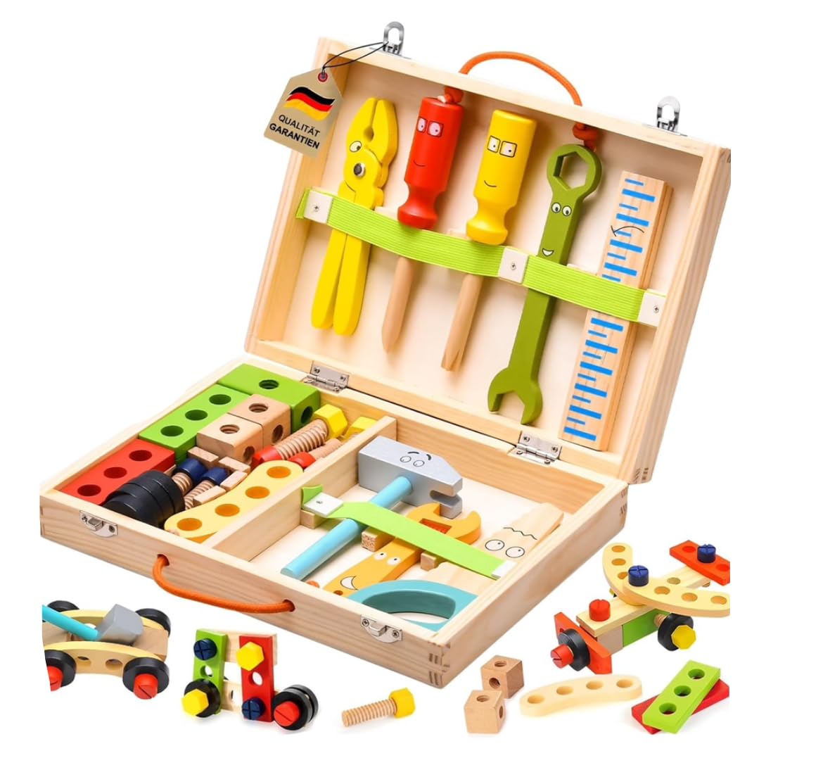 Wooden Tool Box Set for Kids – Pretend Play Construction & Repair Toy with Tools