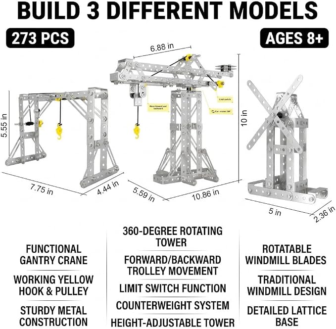 Metal Building Set 1301 – 273 Pieces, 3-in-1 Crane & Windmill