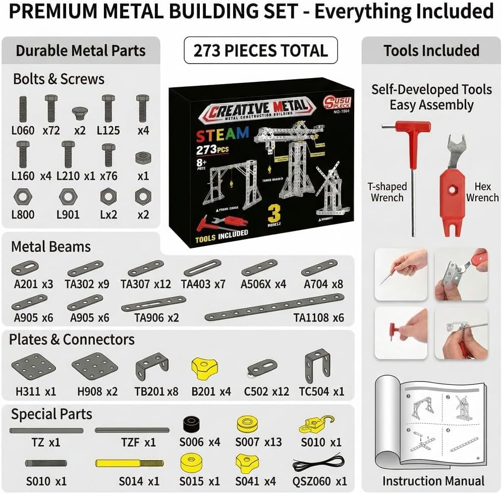 Metal Building Set 1301 – 273 Pieces, 3-in-1 Crane & Windmill