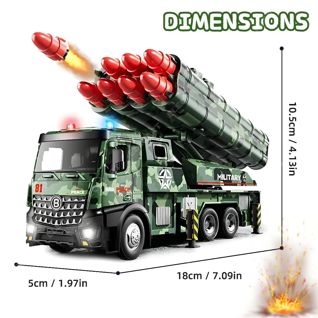 Army Toys for Boys Age 3-8 Military Launcher Truck Toy with 8 Missiles, Metal Cab, Rotating Turret, Lights & Sounds | Friction Powered Army Vehicle for Kids | Realistic Military Truck