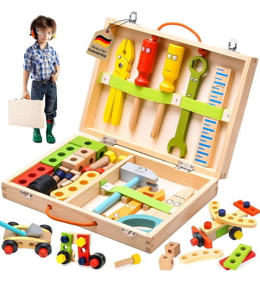Wooden Tool Box Set for Kids – Pretend Play Construction & Repair Toy with Tools