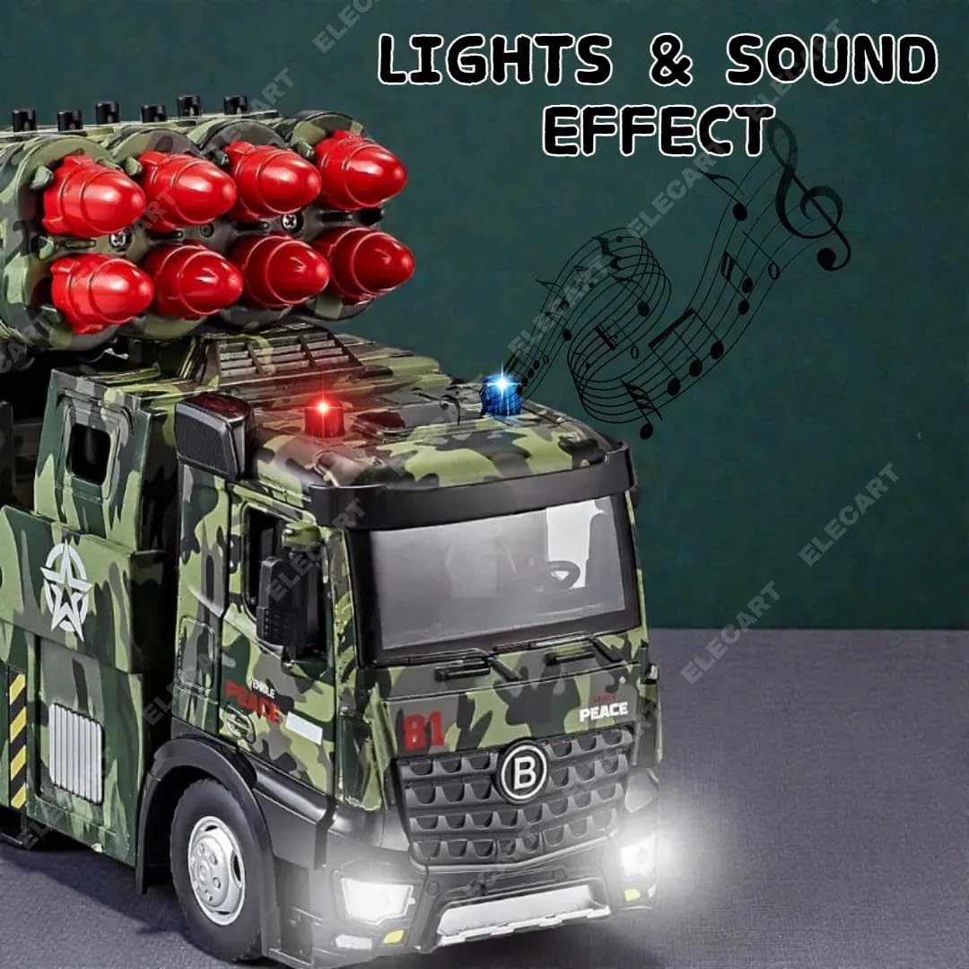 Army Toys for Boys Age 3-8 Military Launcher Truck Toy with 8 Missiles, Metal Cab, Rotating Turret, Lights & Sounds | Friction Powered Army Vehicle for Kids | Realistic Military Truck