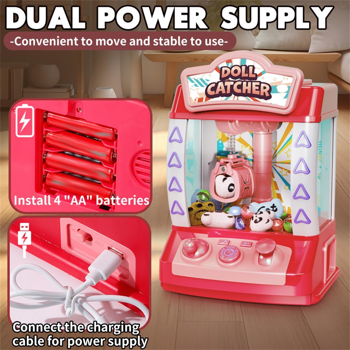 Mini Claw Machine for Kids, Mini Vending Machine with Music & Light, Candy Grabber Prize Dispenser Toys with 10 Plush Toys & 8 Balls