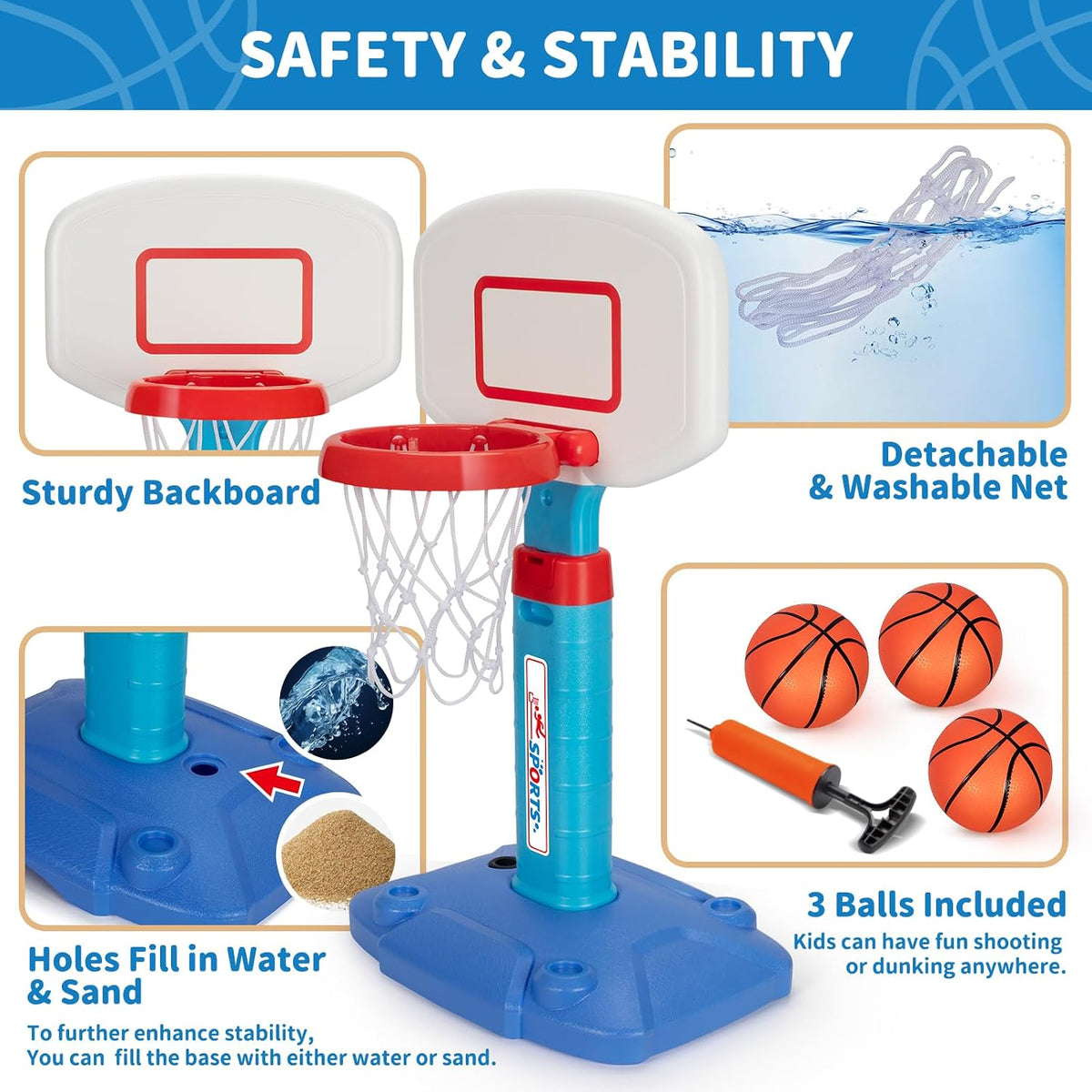 Adjustable Basketball Hoop Set with Ball & Pump