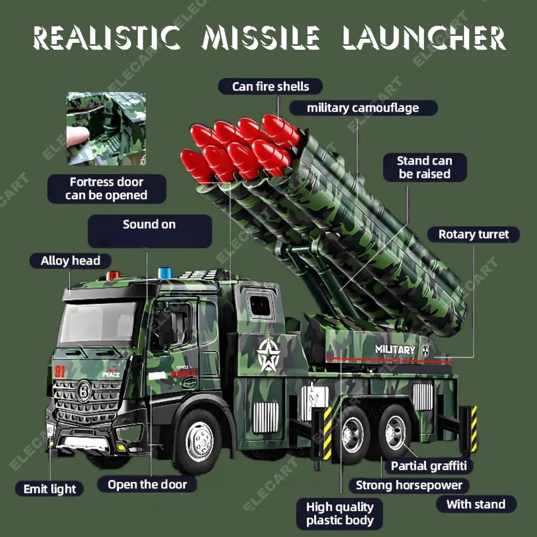 Army Toys for Boys Age 3-8 Military Launcher Truck Toy with 8 Missiles, Metal Cab, Rotating Turret, Lights & Sounds | Friction Powered Army Vehicle for Kids | Realistic Military Truck