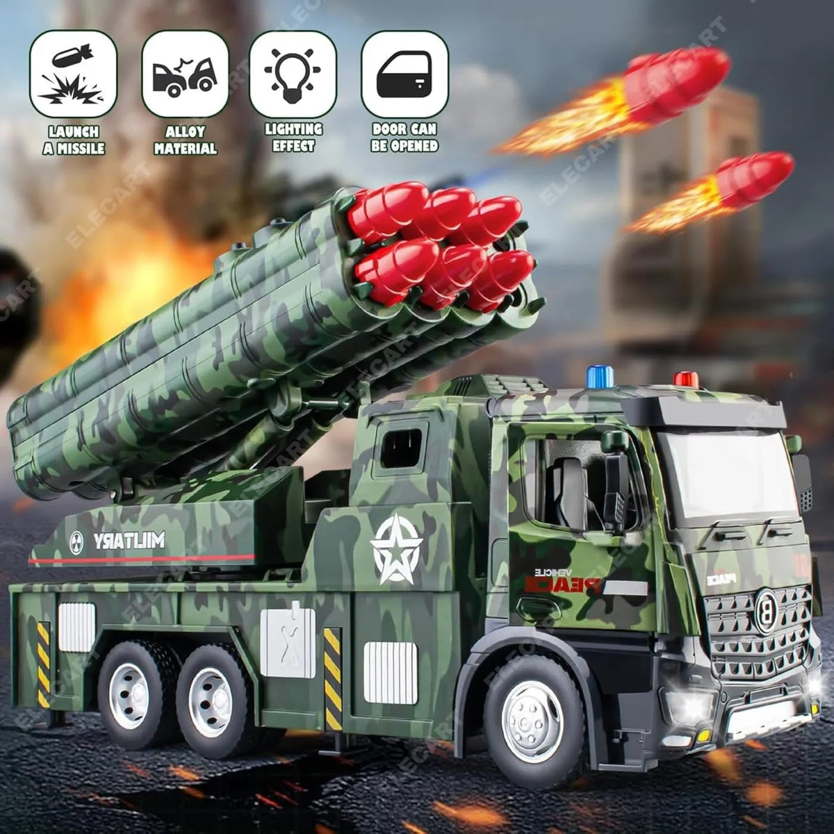 Army Toys for Boys Age 3-8 Military Launcher Truck Toy with 8 Missiles, Metal Cab, Rotating Turret, Lights & Sounds | Friction Powered Army Vehicle for Kids | Realistic Military Truck