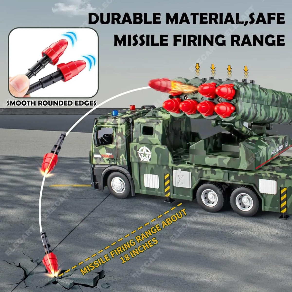 Army Toys for Boys Age 3-8 Military Launcher Truck Toy with 8 Missiles, Metal Cab, Rotating Turret, Lights & Sounds | Friction Powered Army Vehicle for Kids | Realistic Military Truck