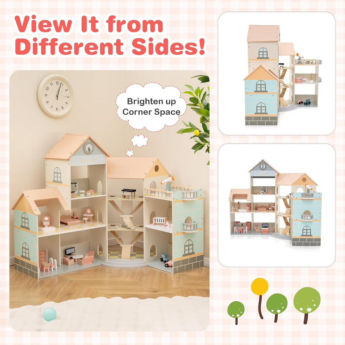HONEY JOY Wooden Corner Dollhouse