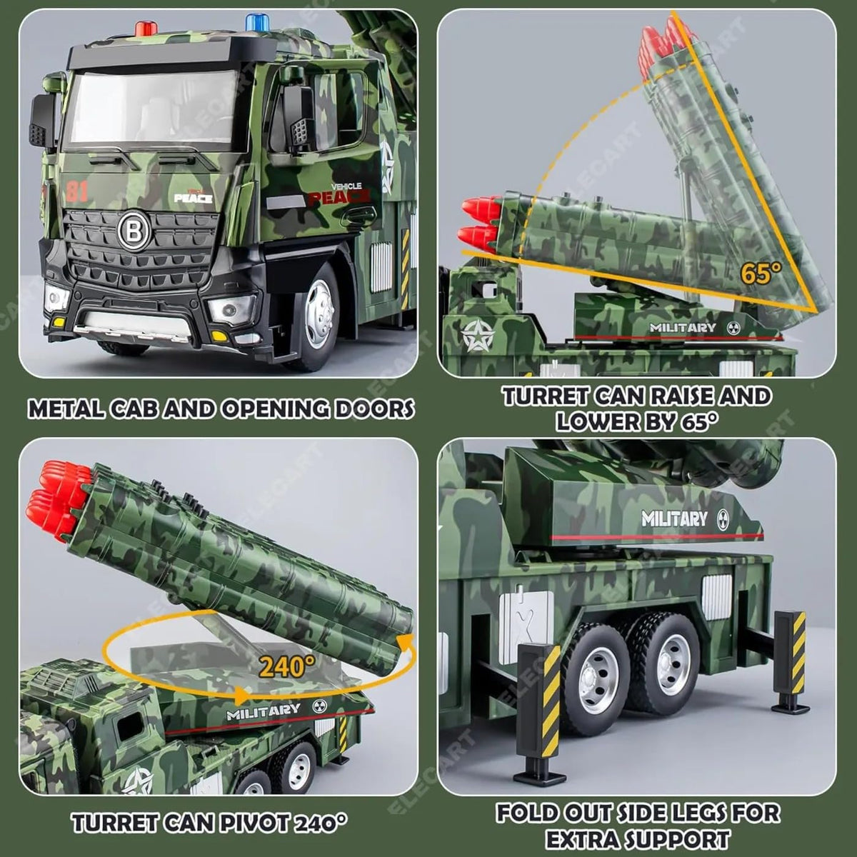Army Toys for Boys Age 3-8 Military Launcher Truck Toy with 8 Missiles, Metal Cab, Rotating Turret, Lights & Sounds | Friction Powered Army Vehicle for Kids | Realistic Military Truck