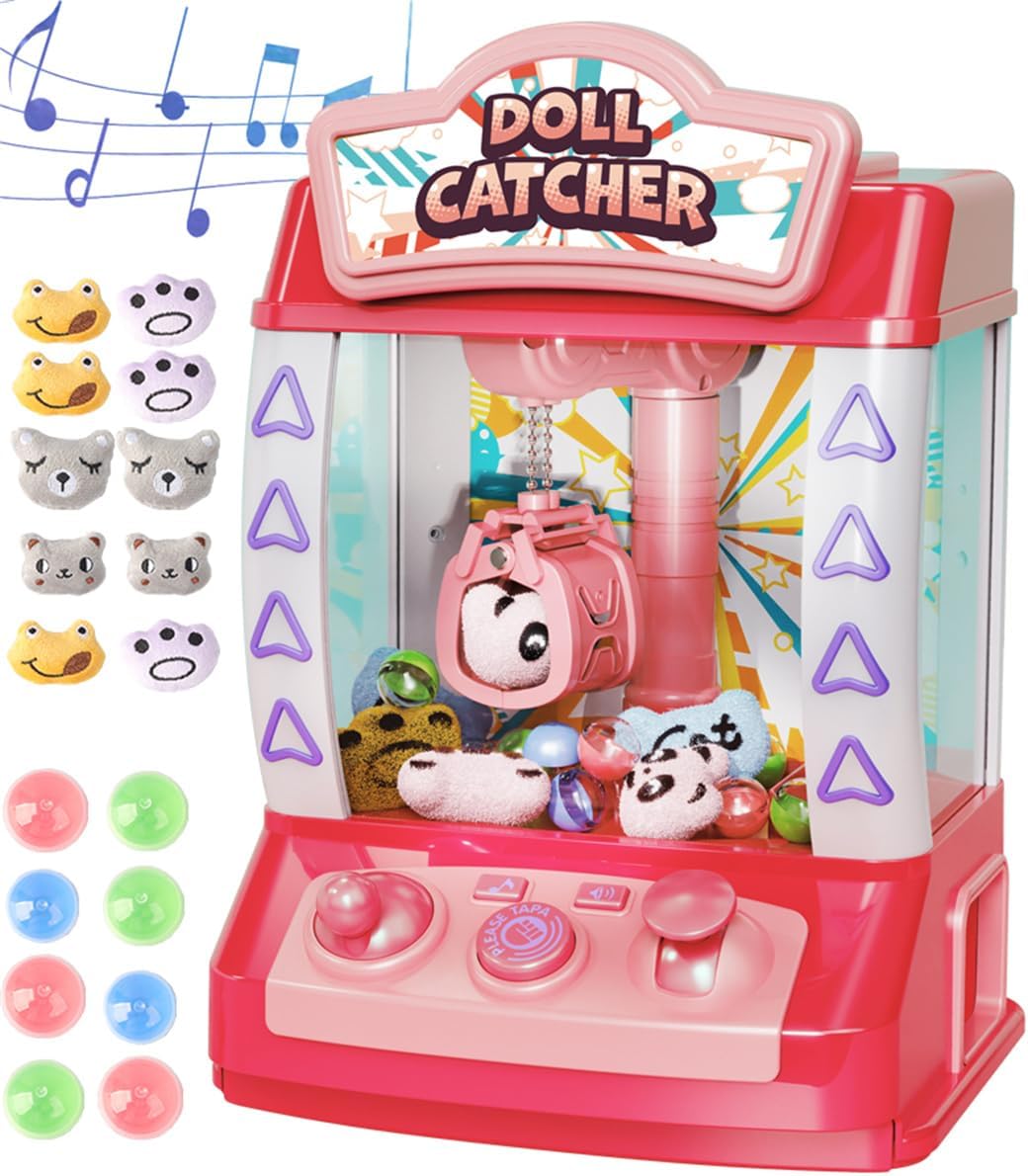 Mini Claw Machine for Kids, Mini Vending Machine with Music & Light, Candy Grabber Prize Dispenser Toys with 10 Plush Toys & 8 Balls