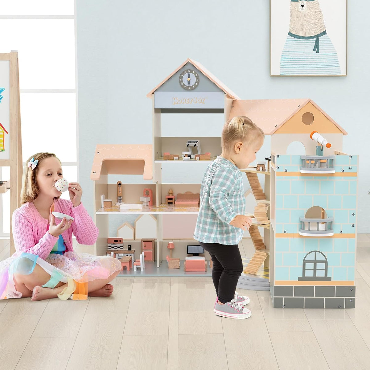 HONEY JOY Wooden Corner Dollhouse
