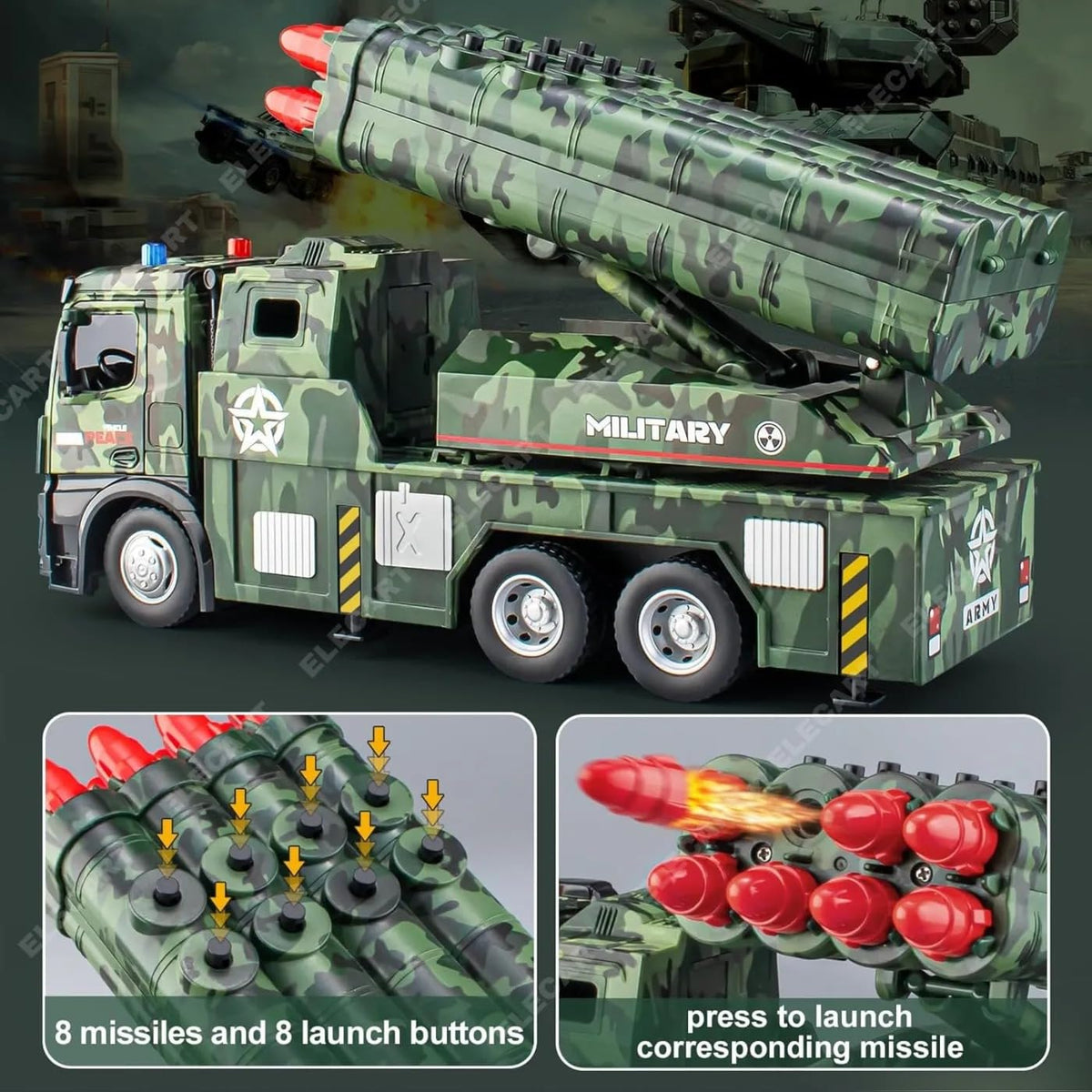 Army Toys for Boys Age 3-8 Military Launcher Truck Toy with 8 Missiles, Metal Cab, Rotating Turret, Lights & Sounds | Friction Powered Army Vehicle for Kids | Realistic Military Truck