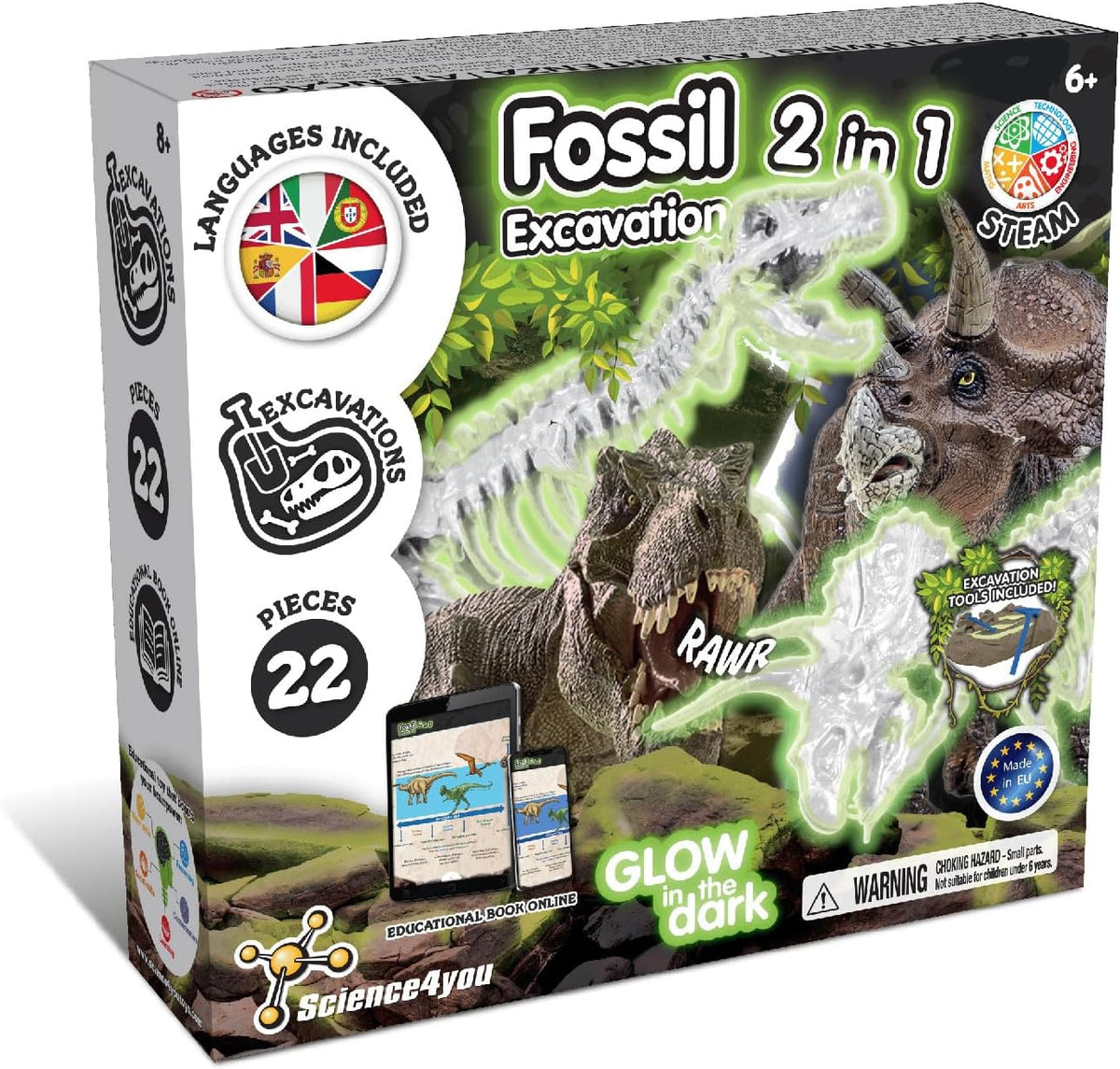 Science4you Dinosaur Fossil Excavation Kit 2 in 1 - Glow-in-the-dark Fossil Digging Kit
