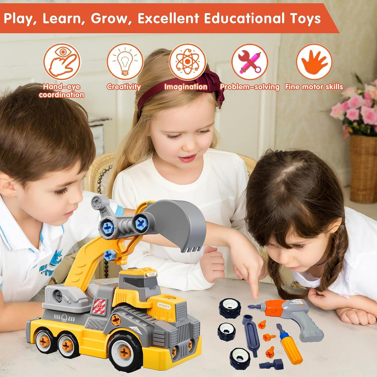 Take Apart Excavator Truck with Electric Drill – Construction Building Toy