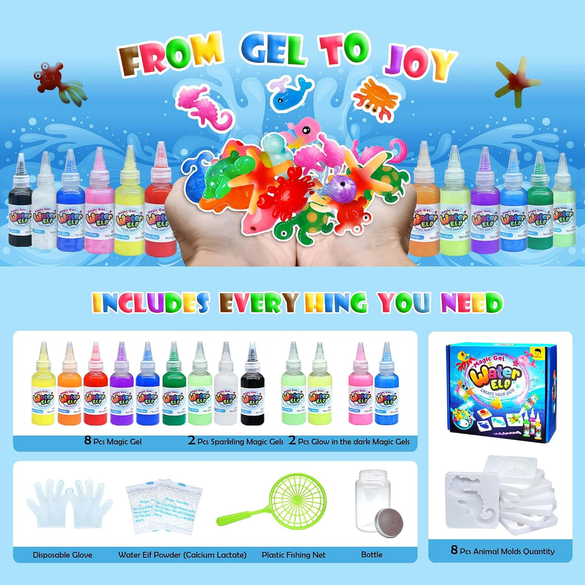 Magic Water Elf Toy Kit – Aqua Fairy Water Gel Squishy Maker, 12 Gels & 8 Molds