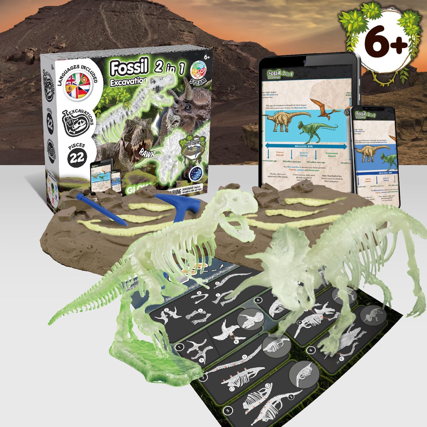 Science4you Dinosaur Fossil Excavation Kit 2 in 1 - Glow-in-the-dark Fossil Digging Kit