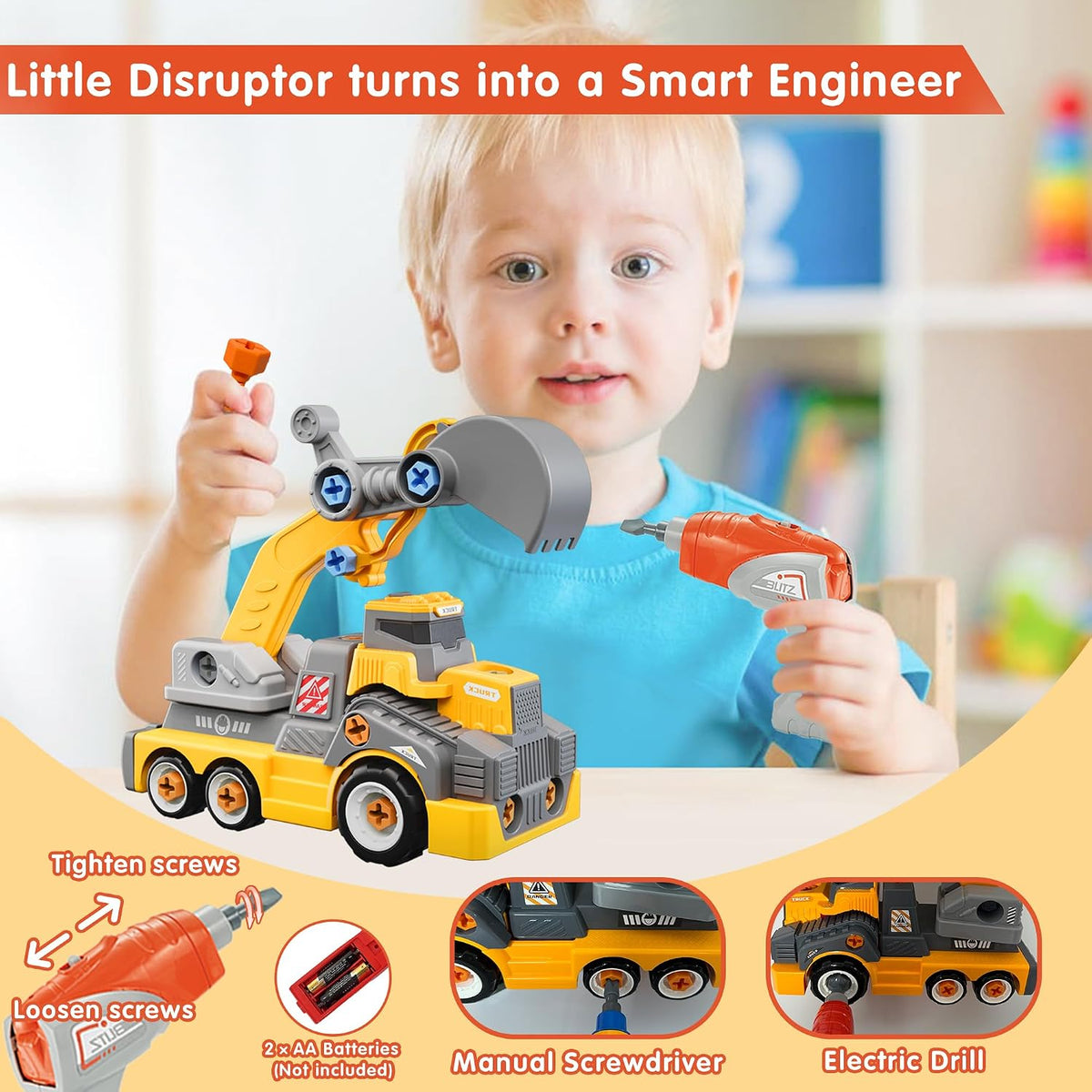 Take Apart Excavator Truck with Electric Drill – Construction Building Toy