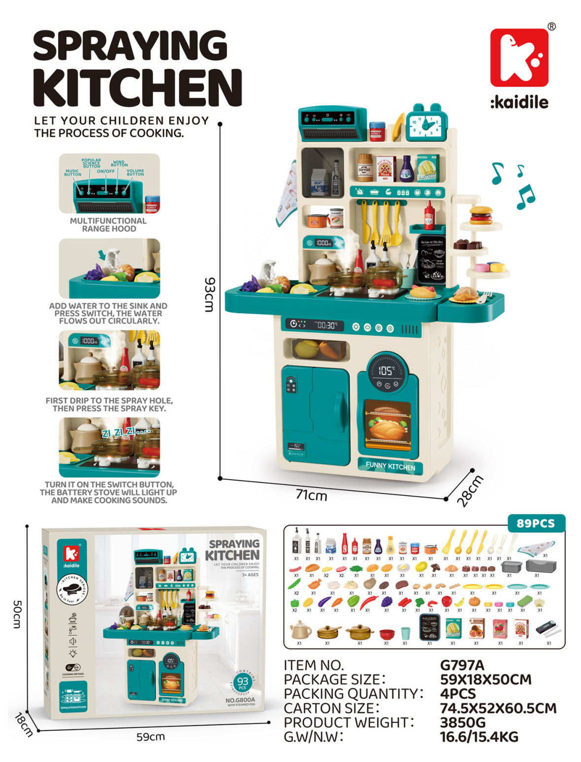 Kids Kitchen Set with Light & Music – 89 Pieces