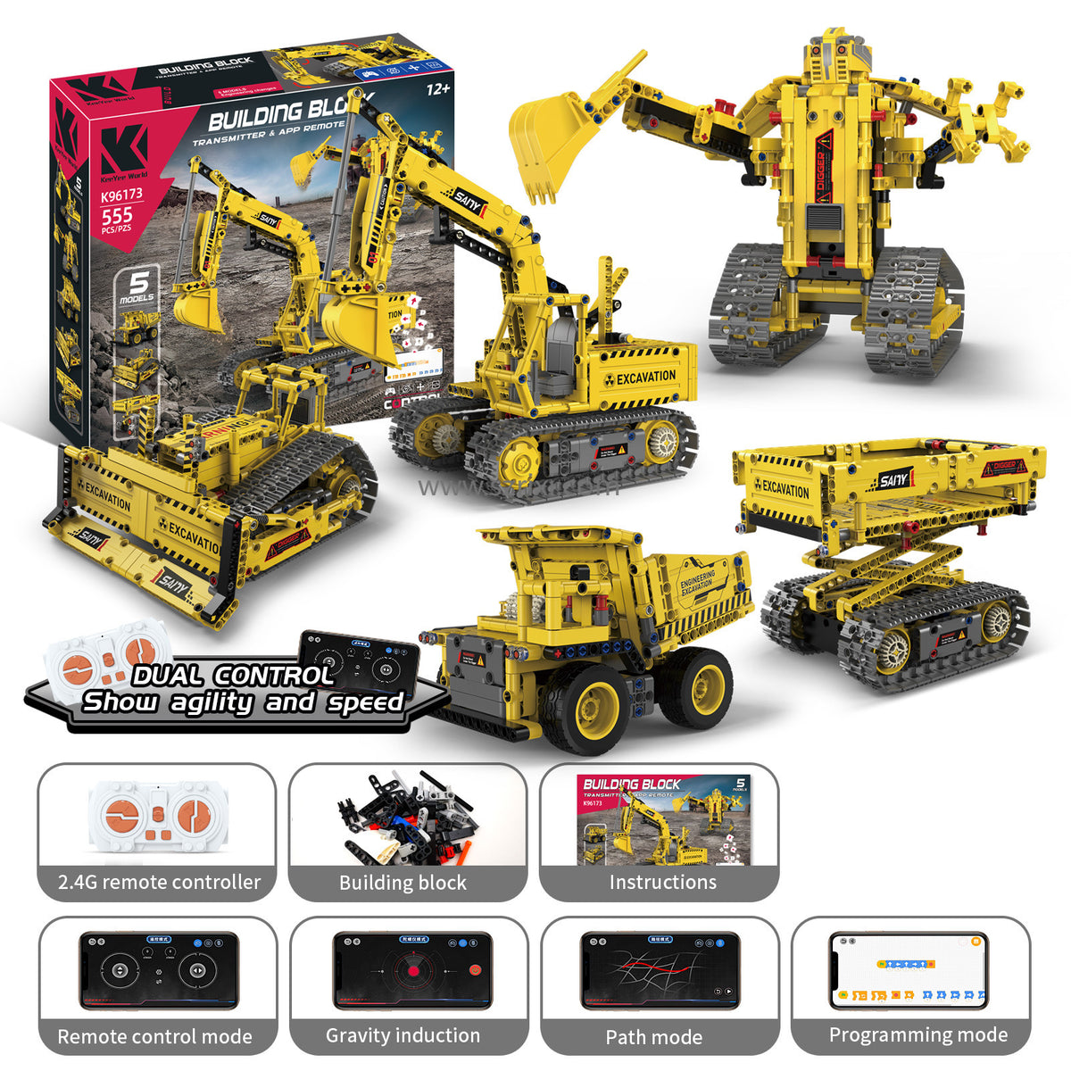 Building Blocks Crane 5-in-1 Set with Remote Control and App remote 555pcs