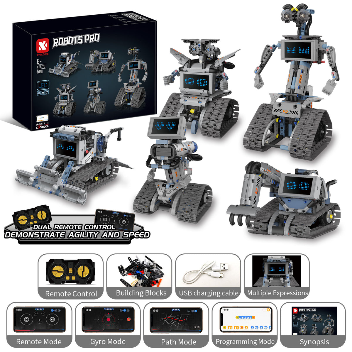 Technical Building Blocks Robots Pro 5-in-1 Set with Remote Control and LED Screen