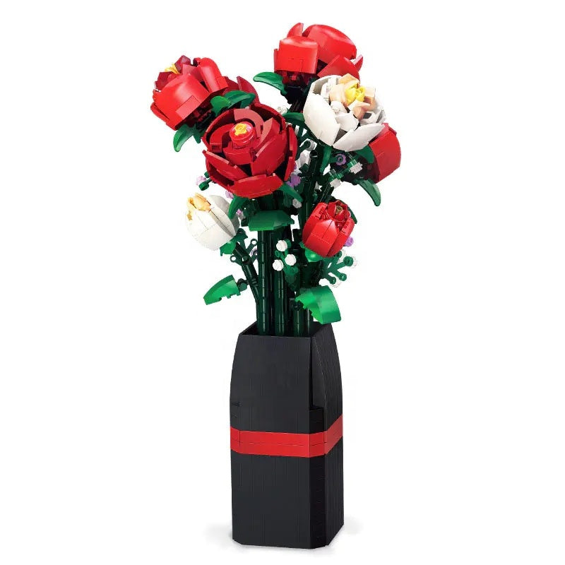 Creative Red & White Rose Vase Flower Bouquet 818pcs