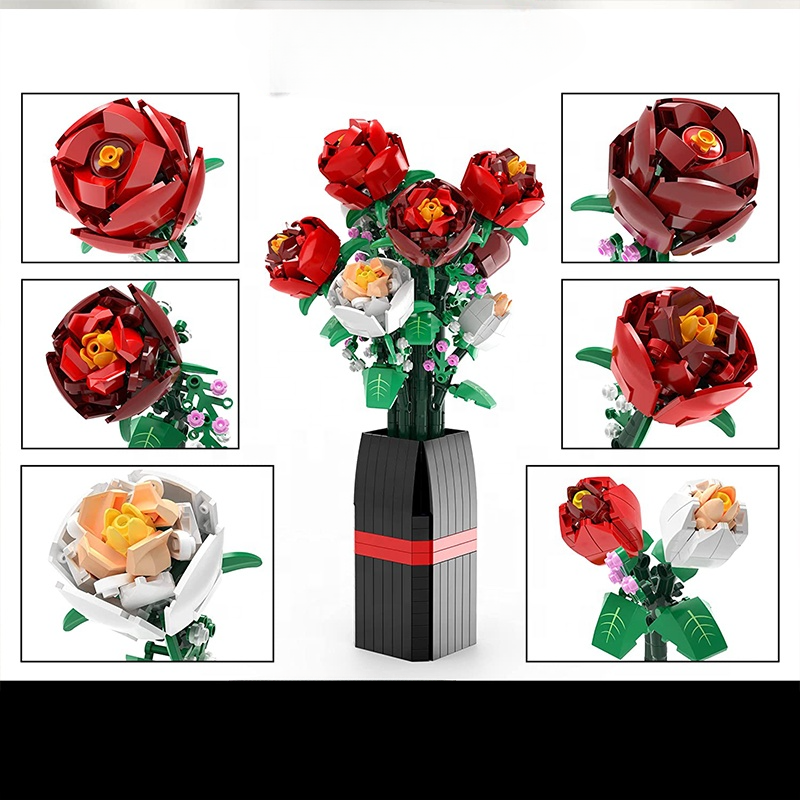 Creative Red & White Rose Vase Flower Bouquet 818pcs