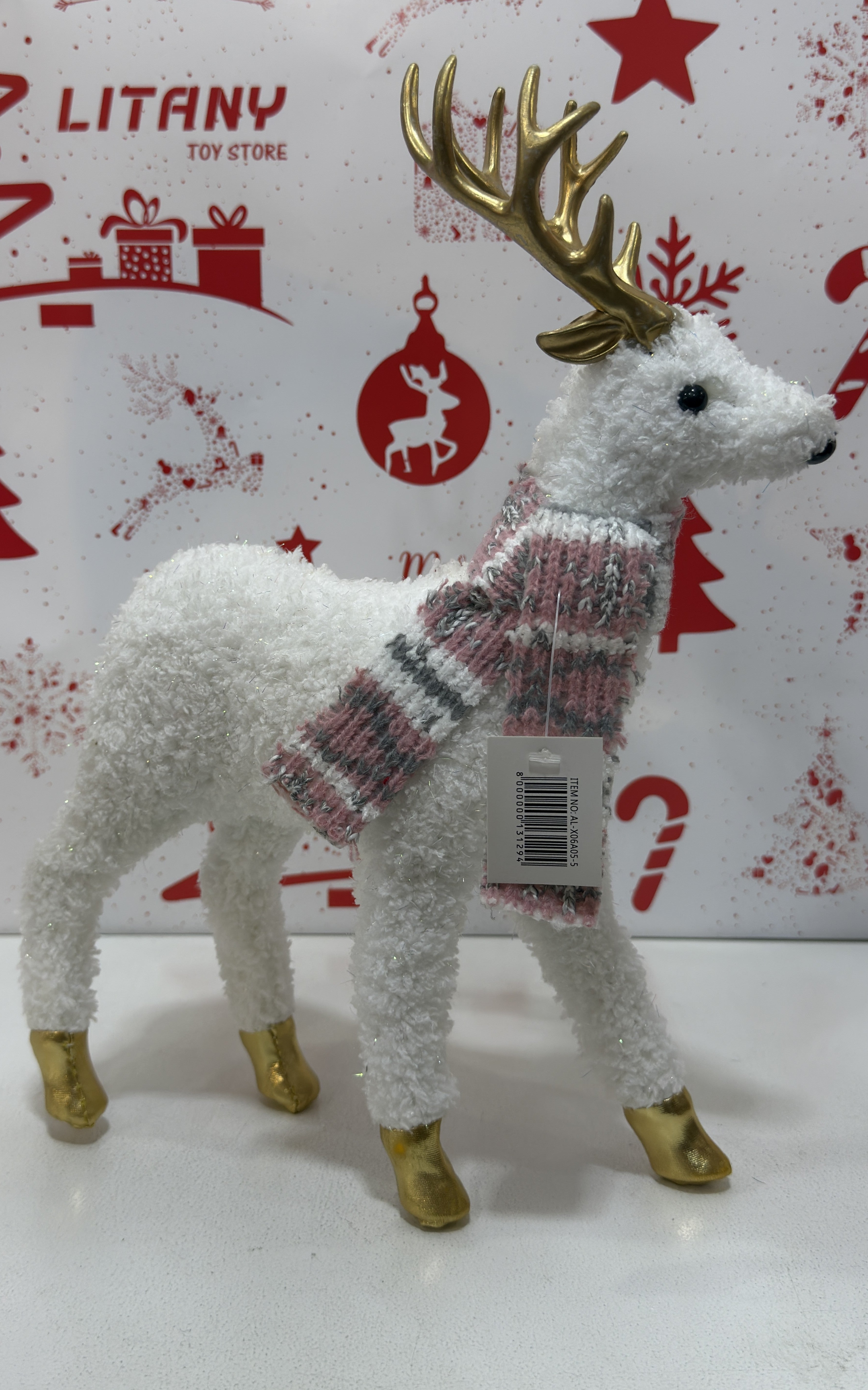 Standing White Christmas Reindeer with Gold Hooves 35cm