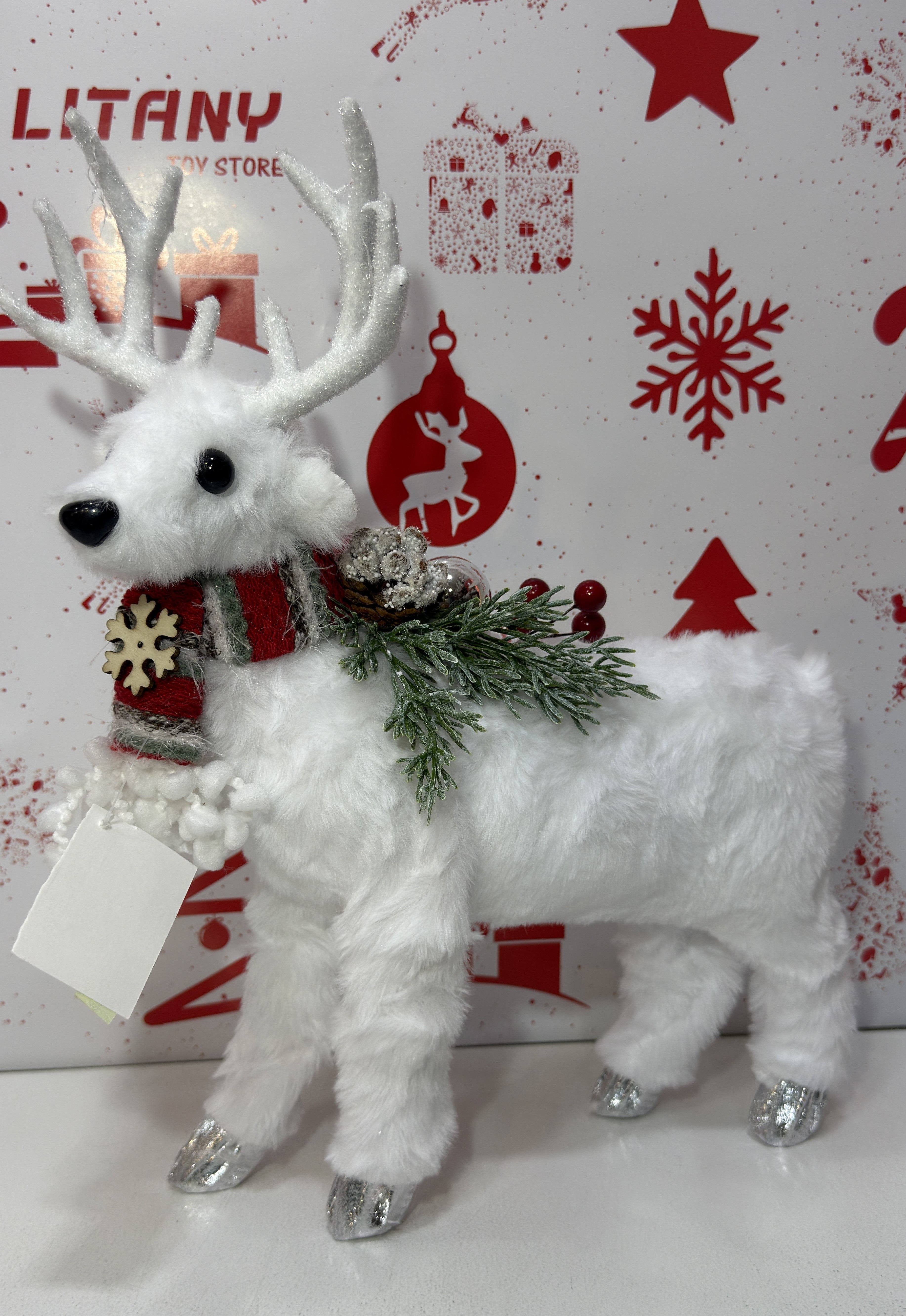 White Christmas Reindeer with Green Wreath 35cm