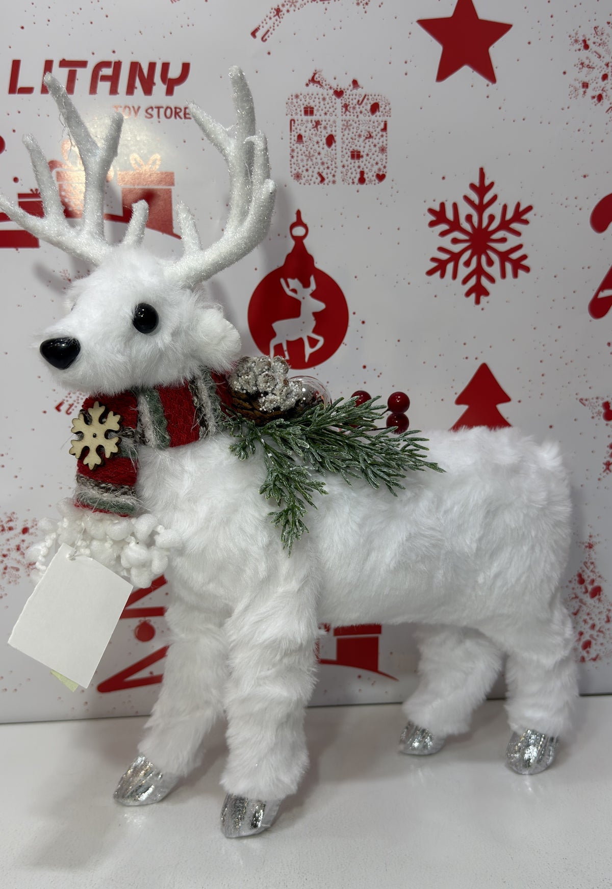 White Christmas Reindeer with Green Wreath 35cm