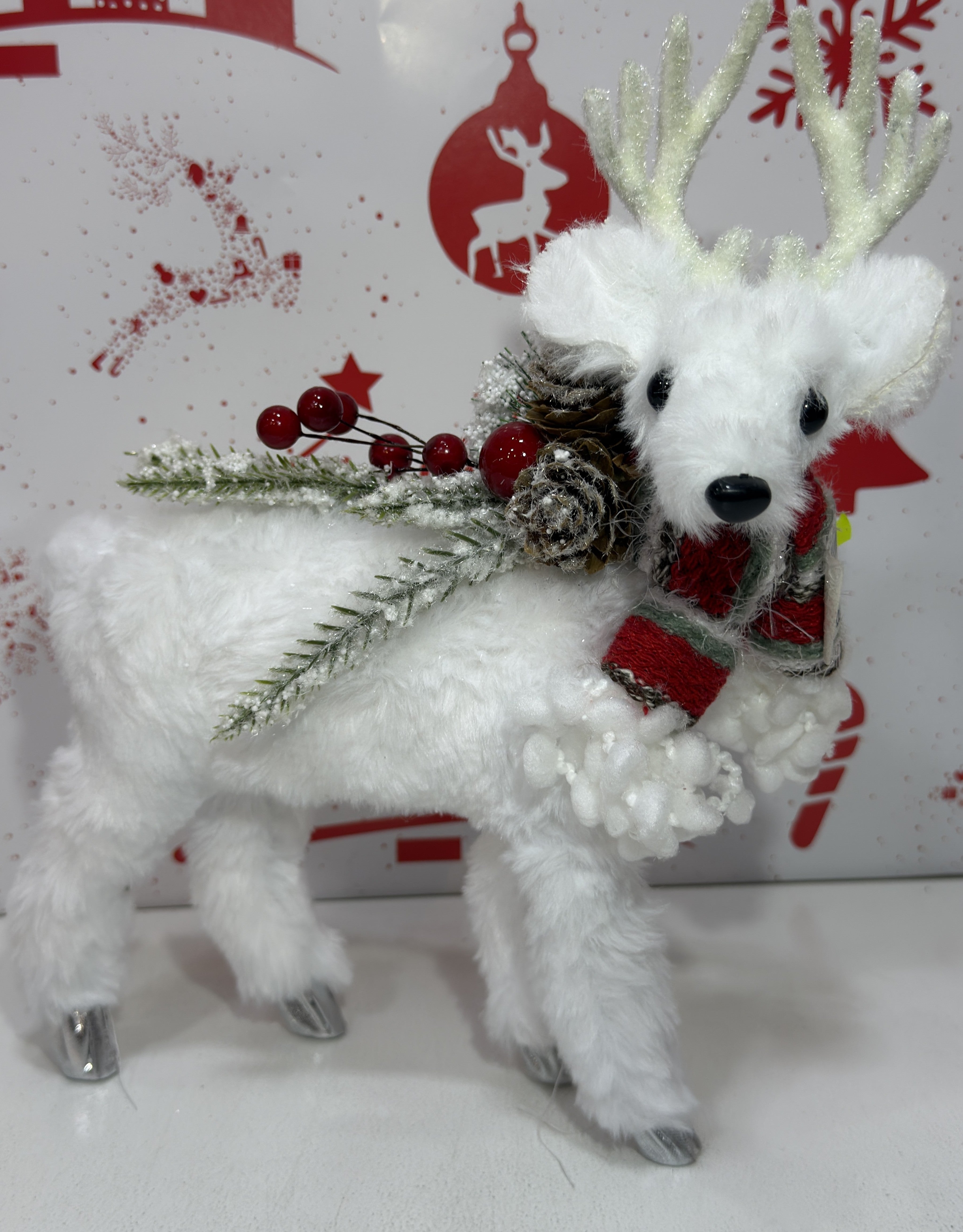 White Christmas Reindeer Decoration with Red Bow 27cm