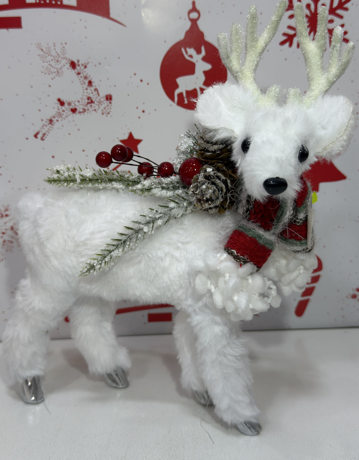 White Christmas Reindeer Decoration with Red Bow 27cm
