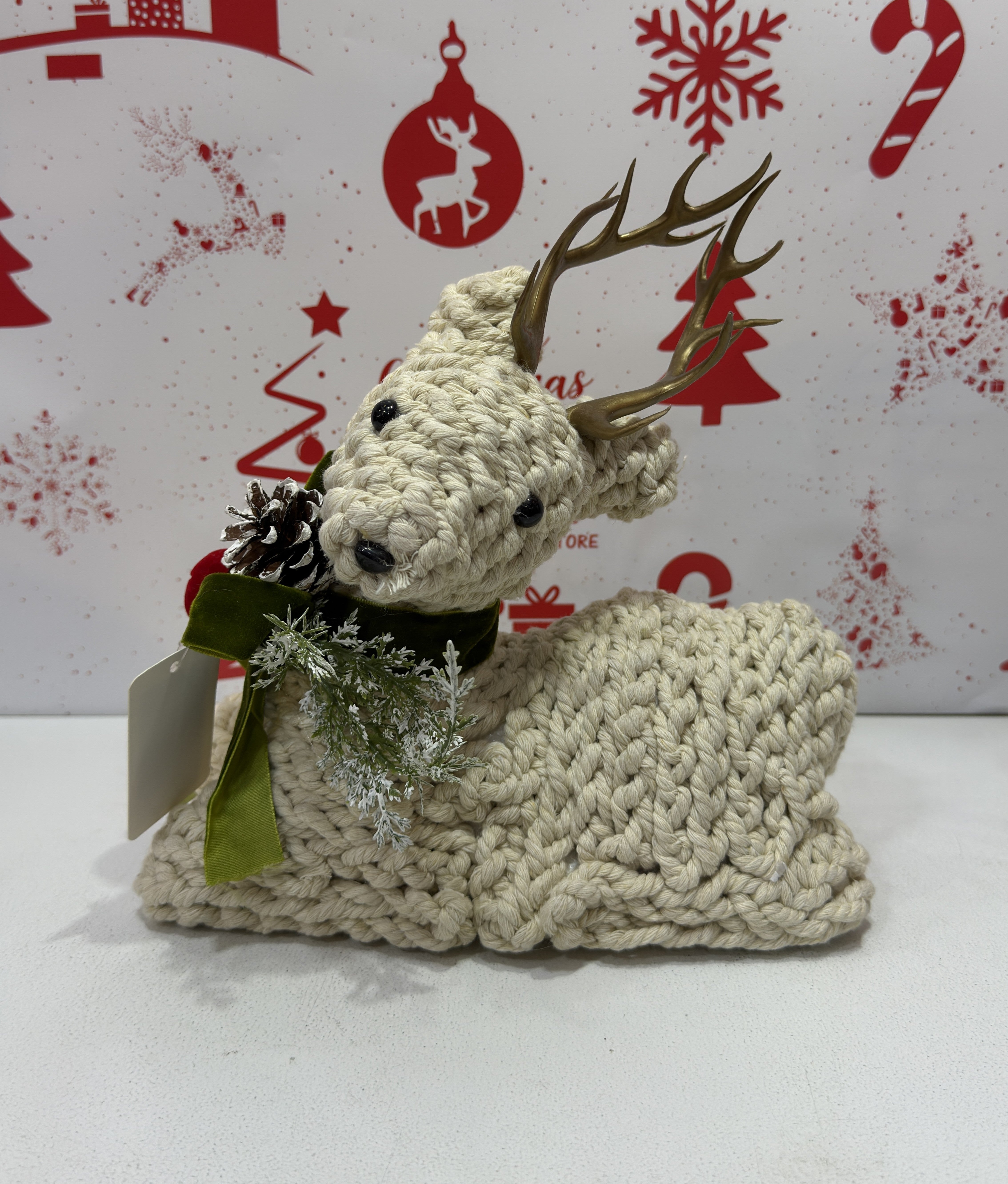 Lying Christmas Reindeer Decoration with Green Scarf handmade 25cm