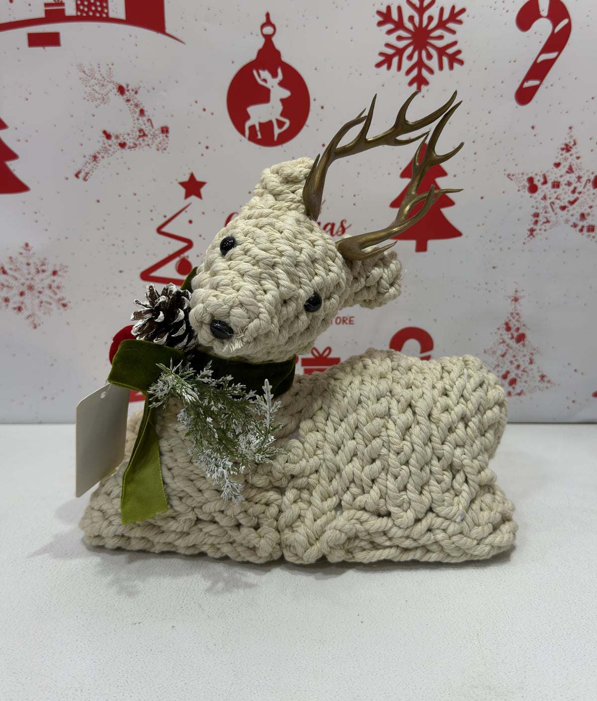 Lying Christmas Reindeer Decoration with Green Scarf handmade 25cm
