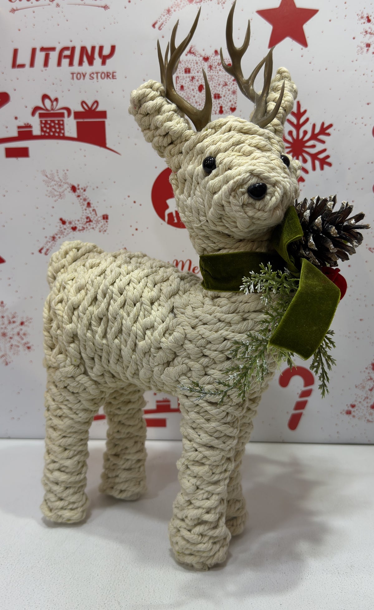 Standing Christmas Reindeer Figurine with Green Scarf handmade 35cm