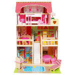 Wooden Doll House with furniture with Pool and outdoor accessories