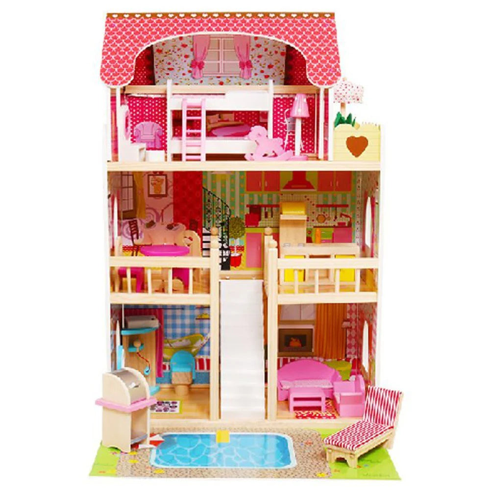 Wooden Doll House with furniture with Pool and outdoor accessories