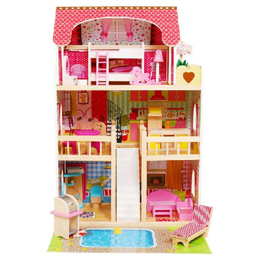 Wooden Doll House with furniture with Pool and outdoor accessories